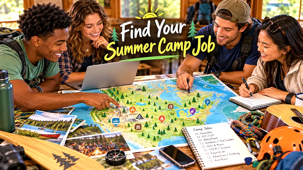 College-age and young adult prospective summer camp staff exploring summer camp job opportunities on a map