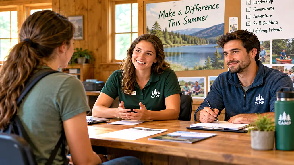 Prospective summer camp staff member speaking with camp leaders during a summer camp job interview