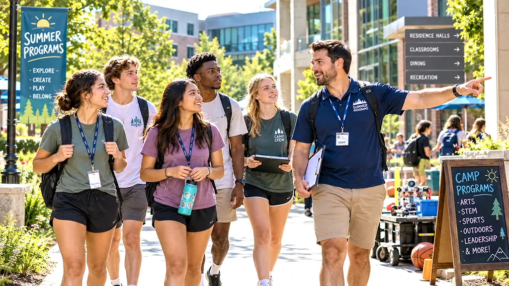 Prospective summer camp staff touring a college campus summer program with an experienced camp director