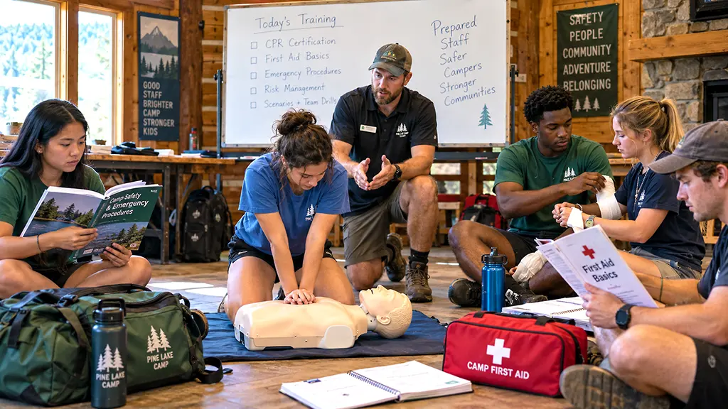 Summer camp staff members participating in CPR, First Aid, and emergency-preparedness training before the camp season
