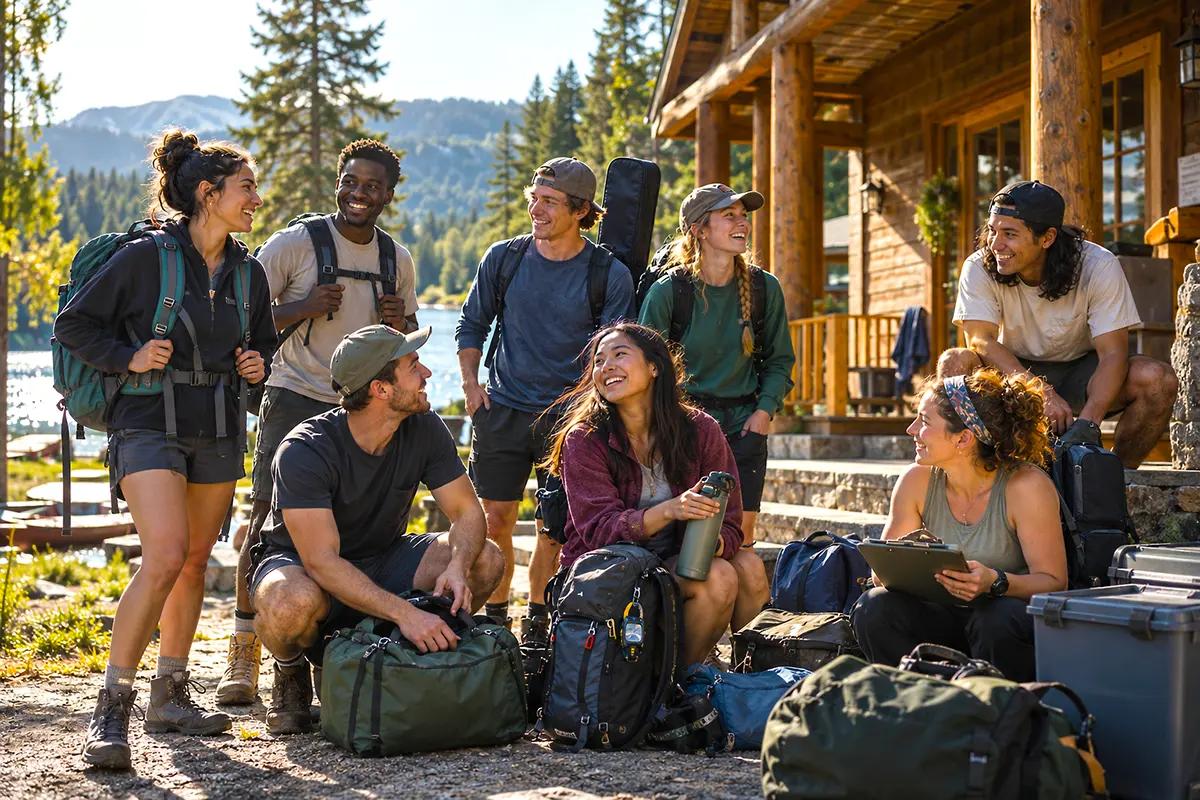College-age summer camp staff preparing for camp with backpacks, outdoor gear, technology, and activity equipment